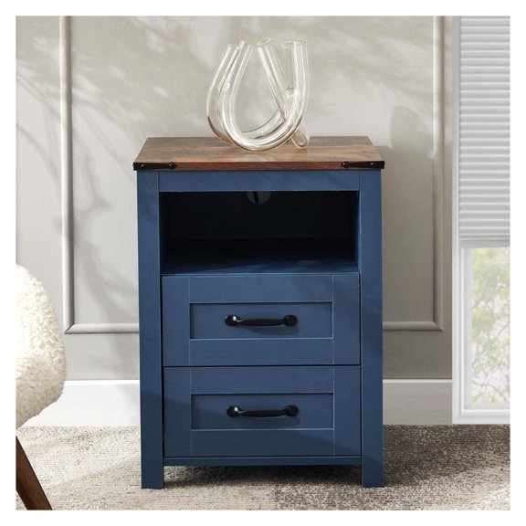 Blue Rustic Night Stand, Farmhouse End Table, Modern Bedside Table with 2 Storage Drawers and Open Shelf, Tall Nightstand for Bedroom 1pc without Charging
