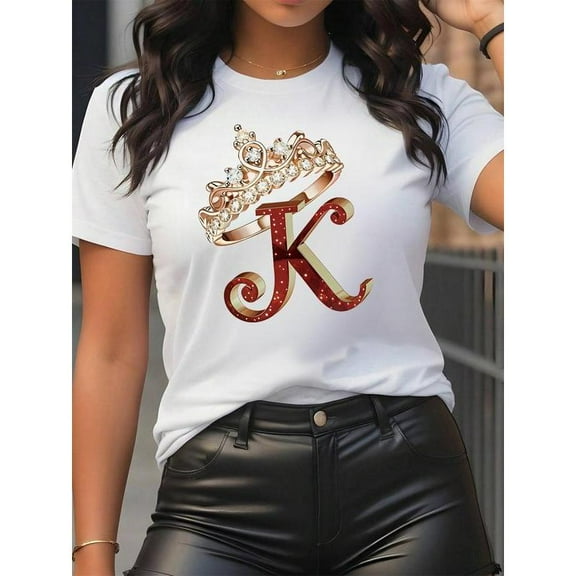 Women Crown Tee White S-5XL Letter Print Short Sleeve Cotton T-Shirt Top Casual Summer Daily Wear