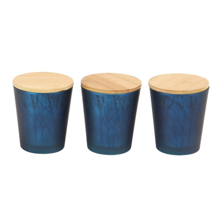 Votive Taper - Decmode Set of 3 Contemporary Glass and Wood Tapered Cylinder Votive Candle Holders, Blue