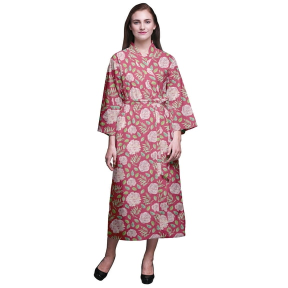 Bimba Pink Floral Leaves & Flower Printed Women s Robes Long Soft Kimono Robe Cotton Bride Getting Ready Robe Long X