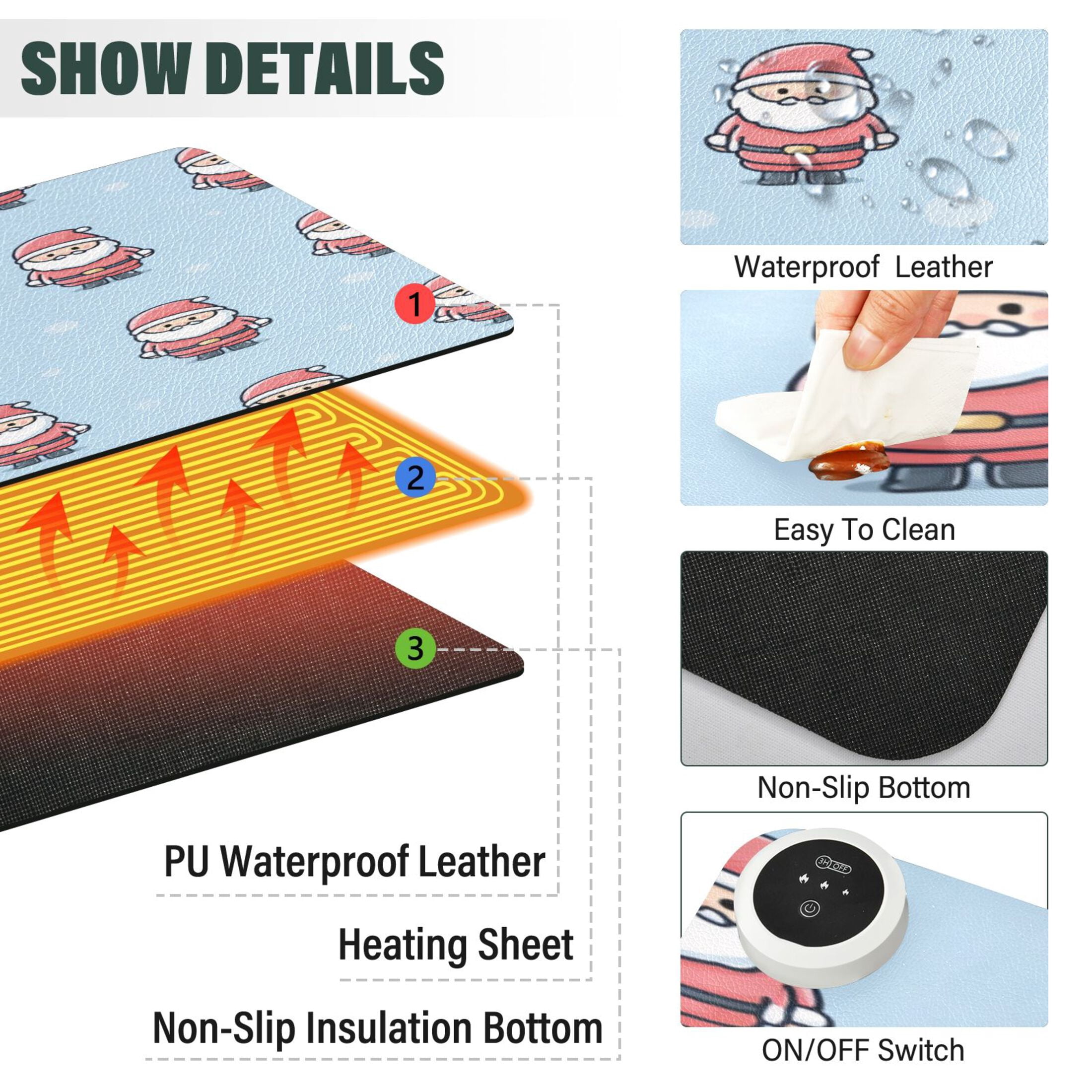 Large Heated Desk Mat Mouse Pad 31.5"x13"PU Leather Graphene Heating Desk Warmer with 3 Temperature Settings 110V US Plug Non-Slip Warm Pad for Home, Office, and Gaming Cute Santa Claus Guard