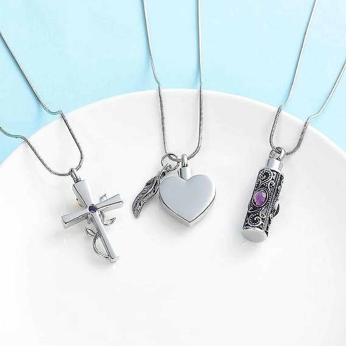 3 Pack Birthstone Cylinder Cross Heart Urn Necklace for Ashes Cremation Jewelry for Ashes for Women Men Loved One Keepsake Memorial Mini Urn Holder