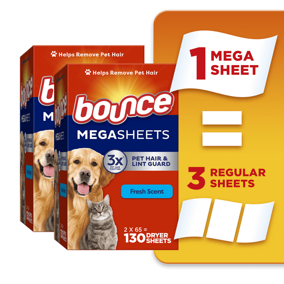 Bounce Dryer Sheets, Pet Hair and Lint Guard, Fresh Scent, 130 Mega Sheets