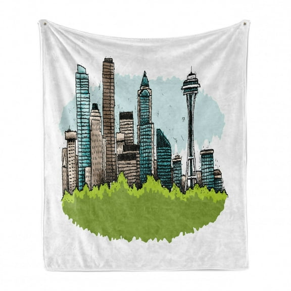 Seattle Skyline Soft Flannel Fleece Throw Blanket, Cartoon of Downtown of the City of Seattle Sketchy Cityscape Skyscrapers, Cozy Plush for Indoor and Outdoor Use, 60" x 80", Multicolor, by Ambesonne