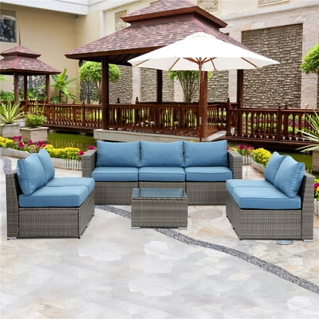 Superjoe 8 Pcs Outdoor Furniture Set Wicker Sectional Sofa with Coffee Table Upgrade Blue Cushion