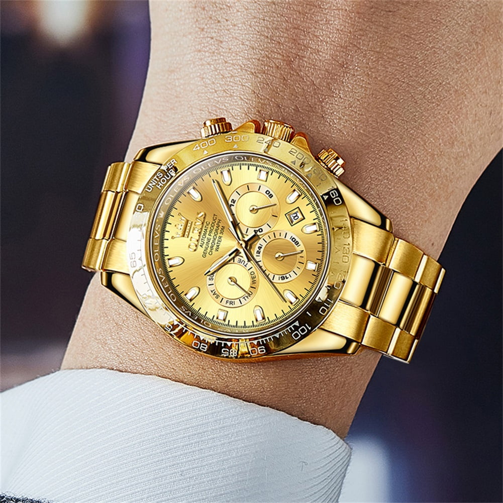 OLEVS Automatic Watches for Men Self Winding Chronograph Mechanical Luxury Dress Stainless Steel Calendar Date Waterproof Luminous Mens Wrist Watches Gift Reloj Para Hombre Gold/Black/Blue/Green Dial