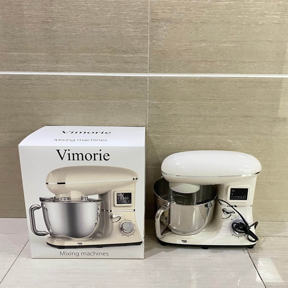 Vimorie Mixing machines, 660W Electric Dough Mixer with 6 Speeds LCD Screen Timing, Tilt-Head Food Mixer with 5.8 Qt Stainless Steel Bowl, Dough Hook, Flat Beater, Whisk, Scraper - White