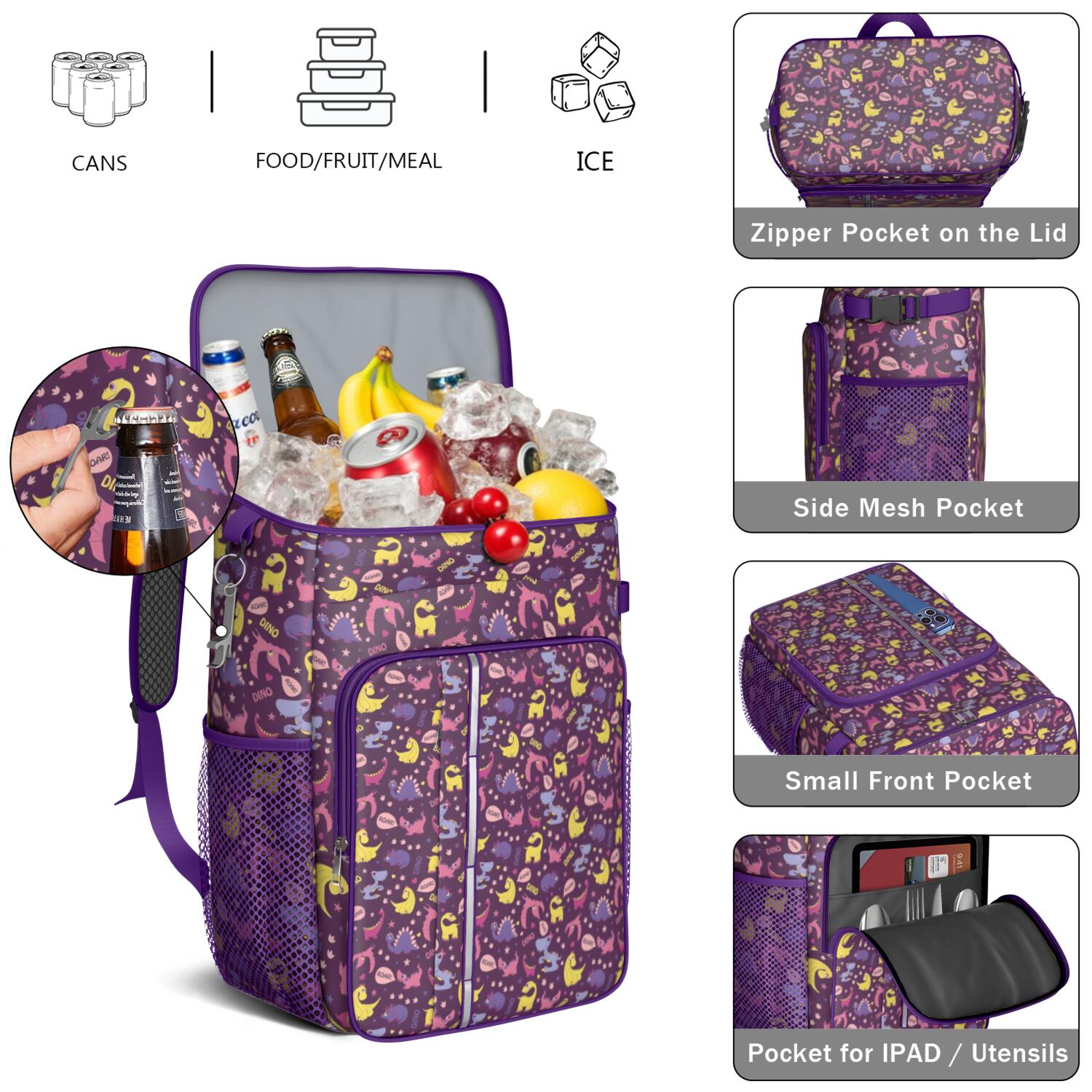 Travel Cooler Bag - Purple Dinosaurs Dino Roar Pattern Camping Beer Cooler Backpack with Bottle Opener- Waterproof Insulated Picnic Backpacks - Cooler Bag for Beach