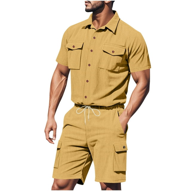 NTACZA Mens Shorts Set Short Sleeve Button Down Tracksuits Cargo Shirt Sweatsuits for Men L