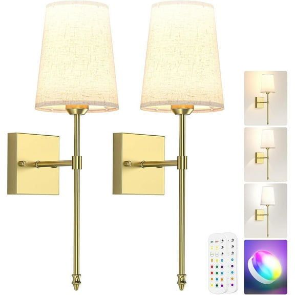 Gold Rechargeable Battery Operated Wall Sconce Set of 2 – Dimmable RGB Wireless Indoor Lamps with Remote Control, 5000mAh, 15 Color Options for Bedroom and Living Room Decor