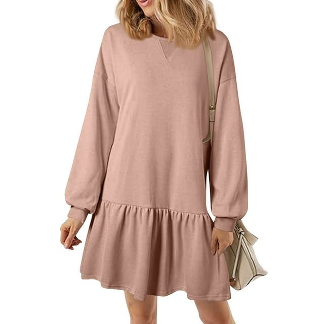 Womens 2024 Fall Long Sleeve Pullover Tops Crewneck Rib Knit Patchwork Sweatshirt Dress Casual Mini Dresses