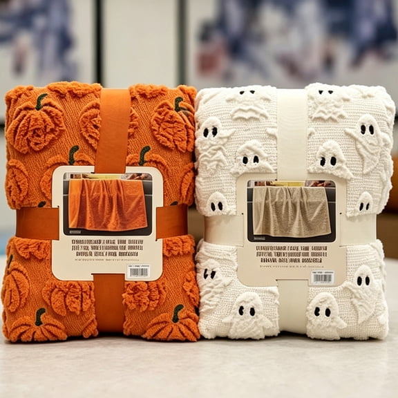 Halloween Throw Blanket with Cute Spooky Embroidery, Cozy Soft Warm Fall Throw for Couch Bedroom Living Room, Ideal Gift Home Decorative Accent(27.6"*39.4",Pumpkin)