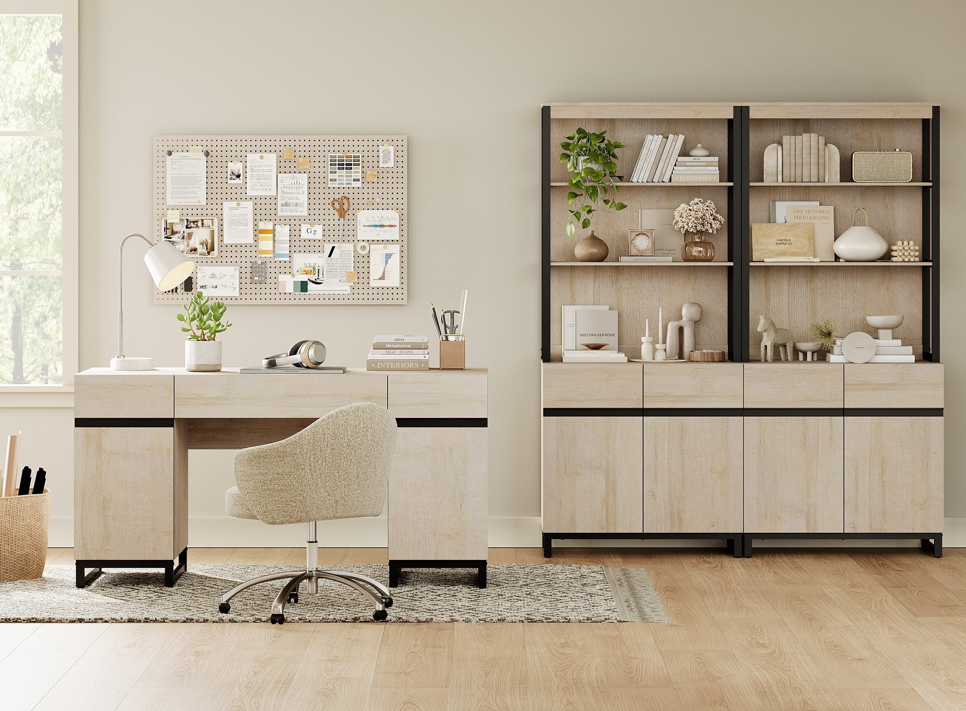 WAMPAT Home Office Set: 59" Modern Desk with Charging Station and Storage Cabinet, 72" Tall Bookcases with Adjustable Shelves, Wood Computer Desk and Library Storage Cabinet for Work Study, Beige