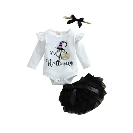 

JYYYBF Newborn Baby Girl Halloween Clothes Set Letter Long Sleeve Bodysuit Tops Tulle Skirts Bow Headband 3pcs Baby Outfit White 12-18 Months