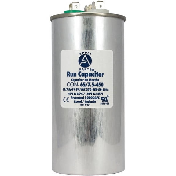 Appli Parts Dual Run Capacitor for ac 65 7.5 Mfd uF (microfarads) 370VAC or 450VAC CBB65 Round Universal fit for hvac and other applications 5-1/4 in High 2-1/4 in Wide CON-65/7.5-450