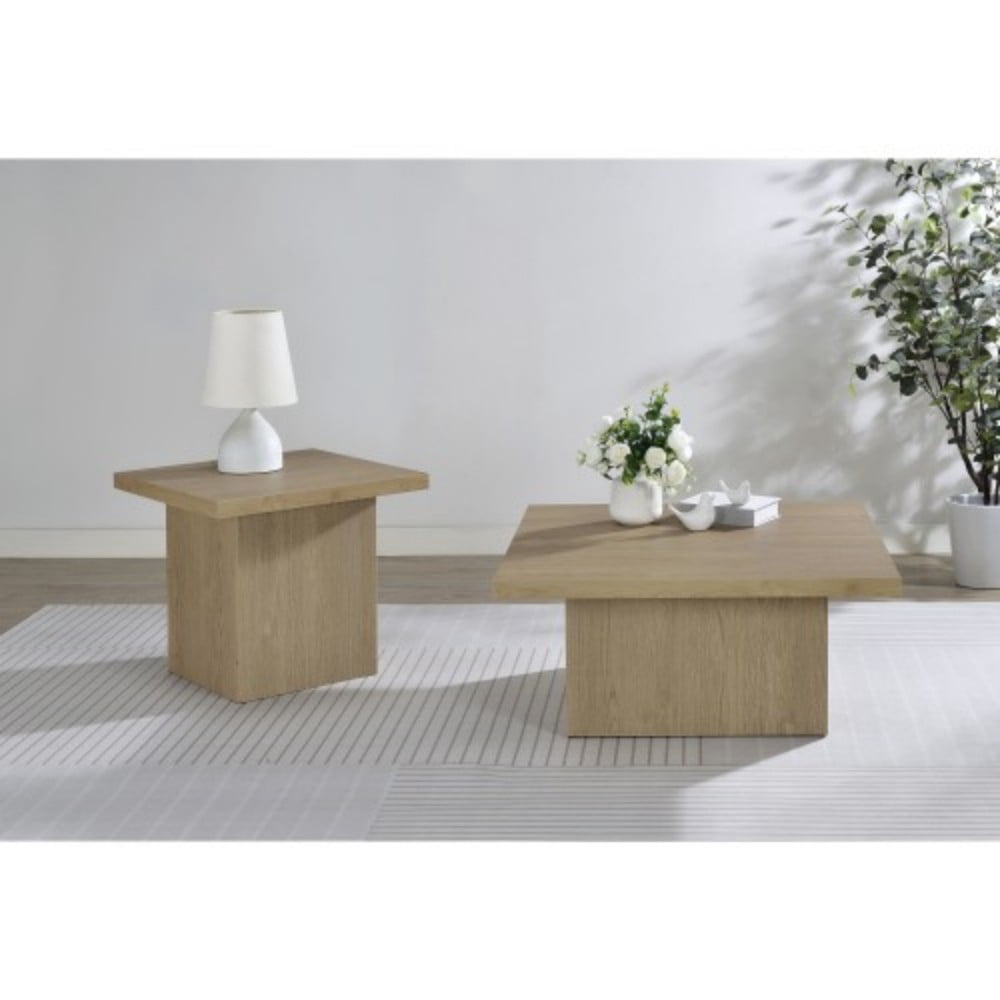 Square Coffee Table, Modern Wood-Look Pedestal Coffee Table with Matte Black Finish for Living Room, 35.5 x 35.5 in, Natural