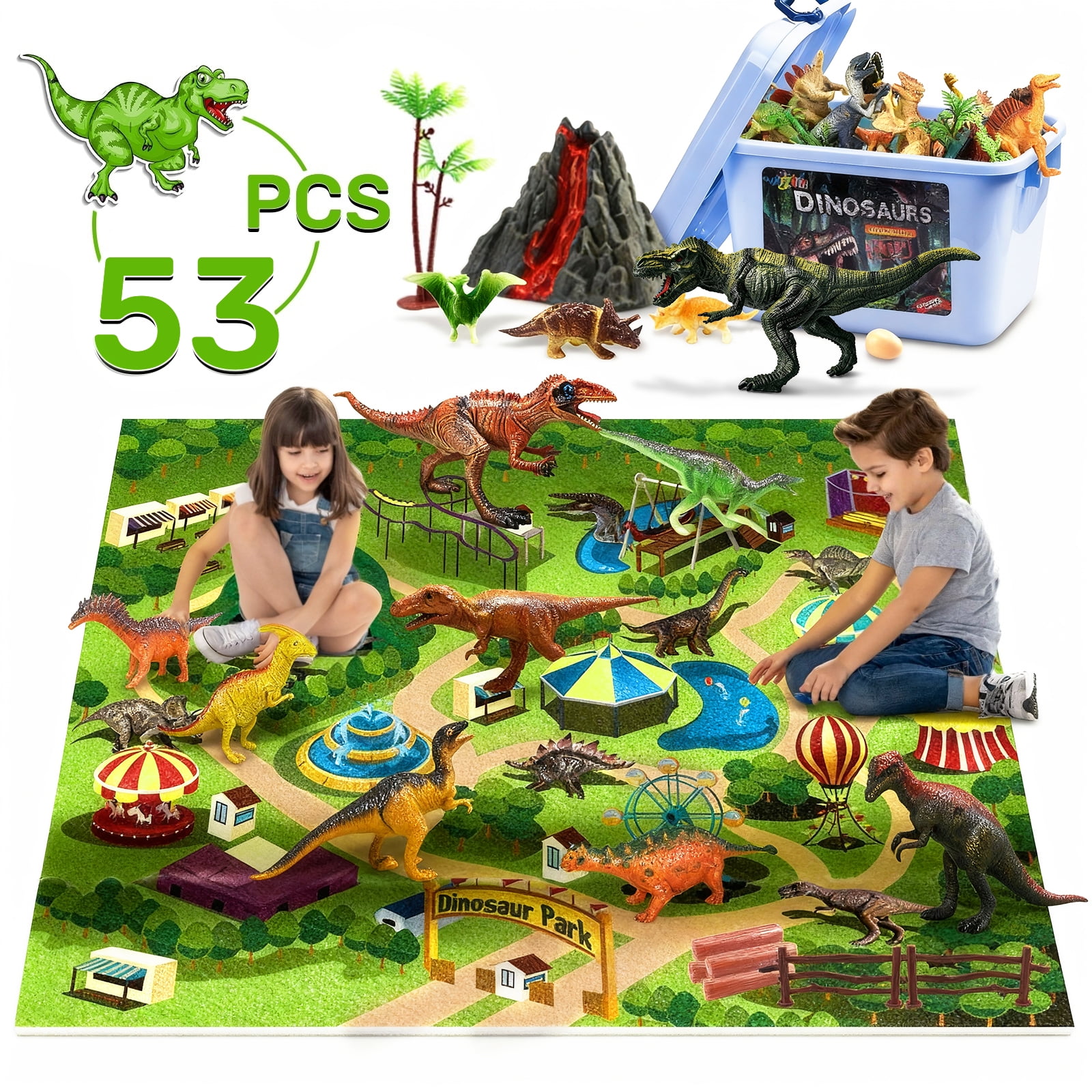 Wisairt 53-Piece Dinosaur Figures Playset with Activity Mat
