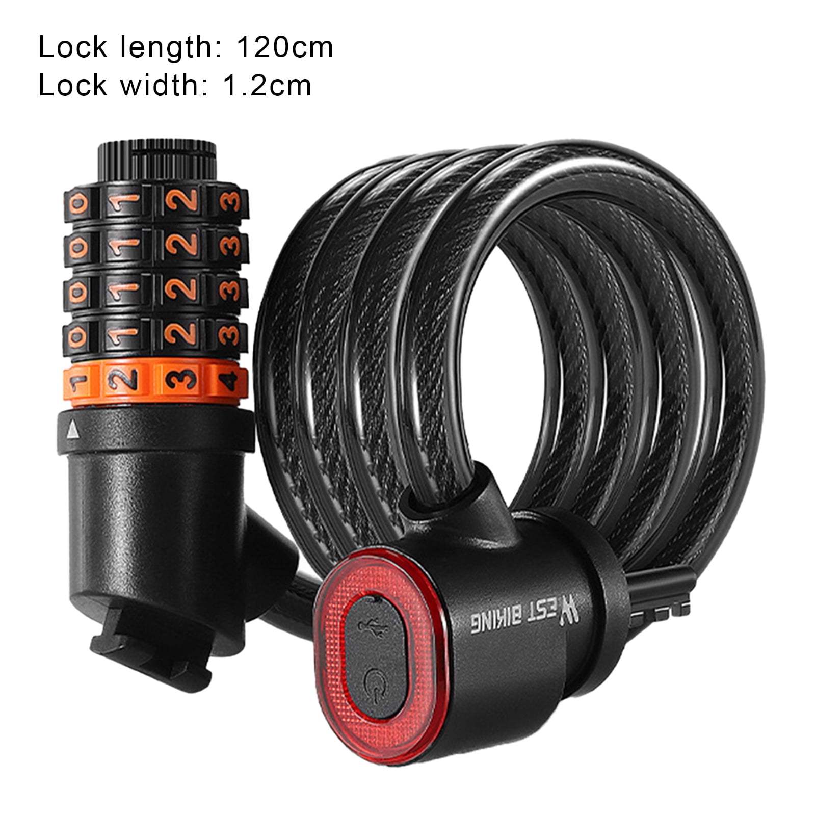 Pebbuoy Bicycle Lock with LED Tail Light Shear-Resistant Anti-Theft 5 Digit Resettable Combination Bike Cable Lock Accessories