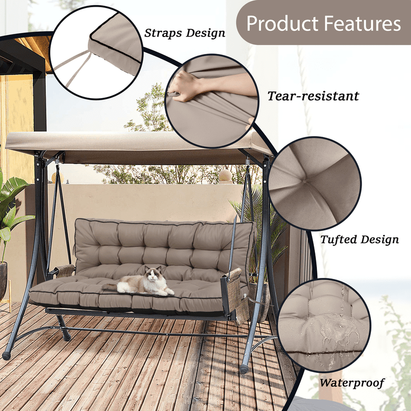 SDJPOI 2-3 Seater Porch Swing Replacement Cushion, Thicken 4" Waterproof Outdoor Bench Cushions with Backrest for Outdoor Furniture (khaki，55in*40in）
