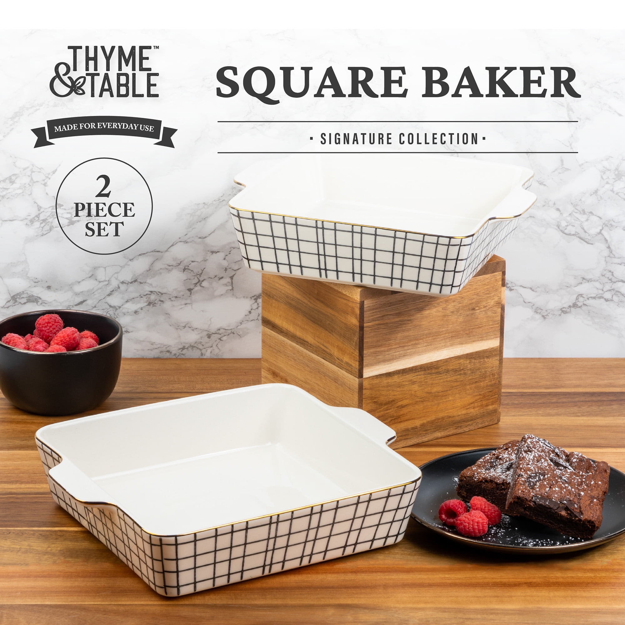 Thyme & Table Stoneware Square Baker, Black & White Crosshatch, 2-Piece Set