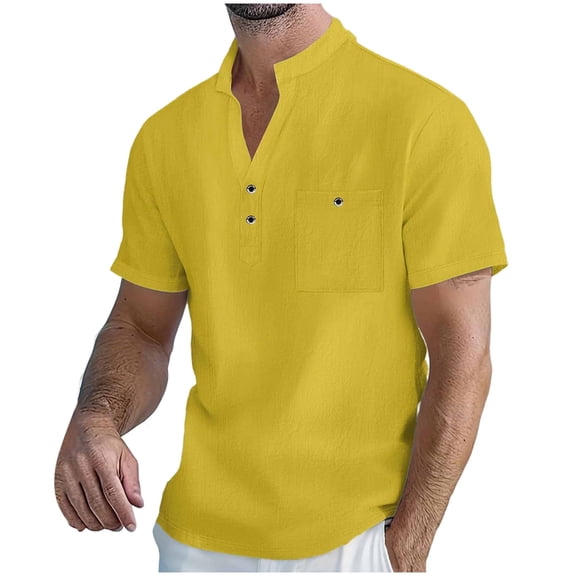 Maean Men's Cotton Linen Shirts Casual Short Sleeve Button Neck Shirt Beach Vacation Summer Pockets Tops