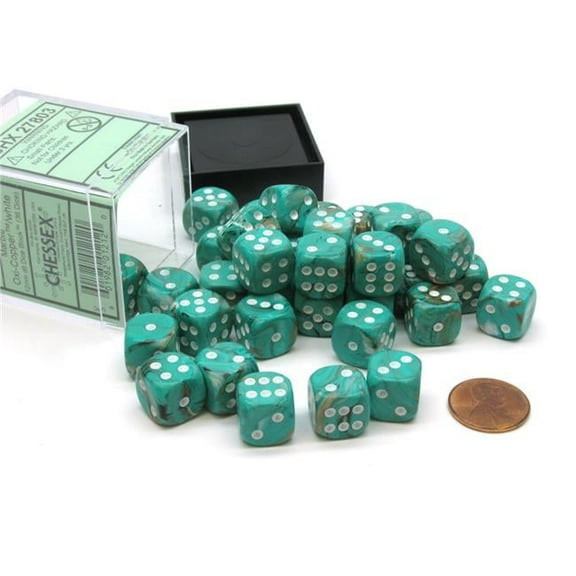 12 mm D6 Cube Marble Dice - Oxi-Copper & White, 36 Piece