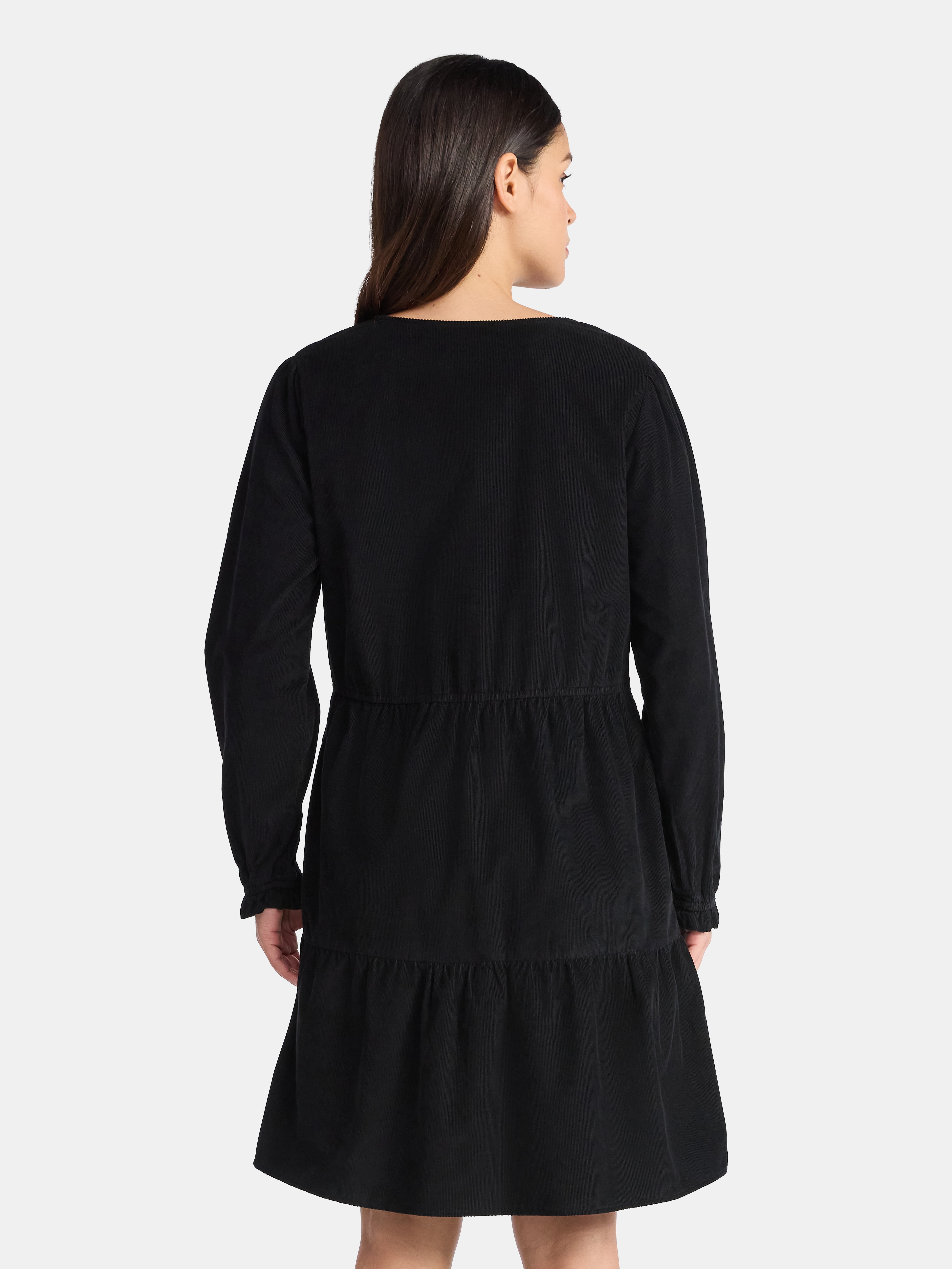 Time and Tru Women's Tiered Corduroy Dress with Long Sleeves, Sizes XS-XXXL