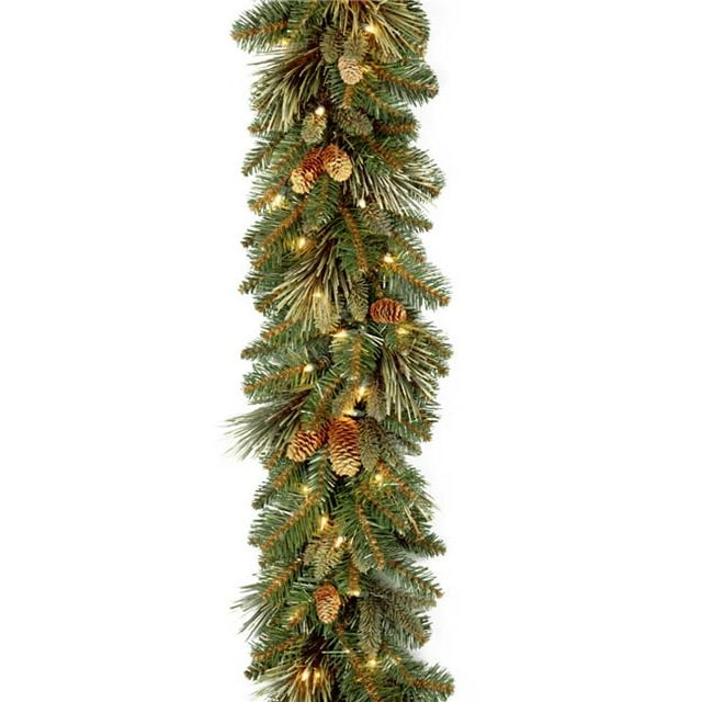 9 ft. x 10 in. Carolina Pine Garland with Flocked Cones & 100 Battery Operated Operated LED Lights