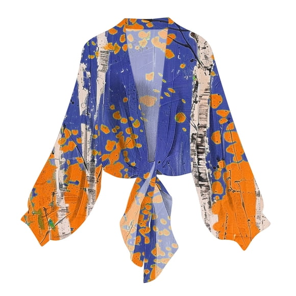 Cardigans Rétro en Mousseline à Motif Floral pour Femmes, Cardigan Transparent à Nouer devant, Couvre-Maillot Léger à Manches Lanterne, Chemise Élégante, Hauts Bleu, TG