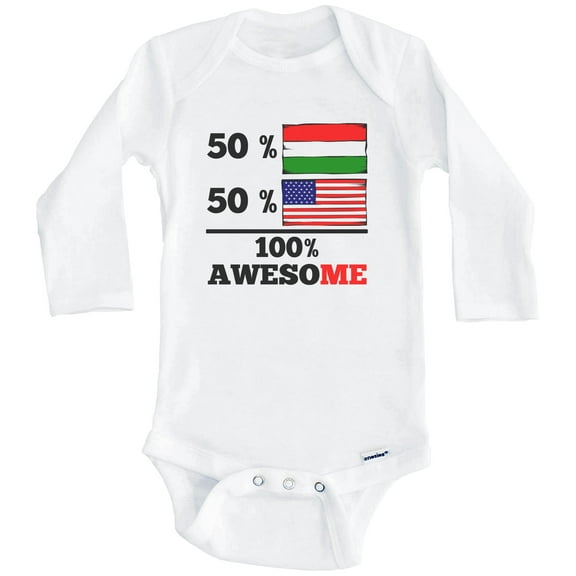 50% Hungarian 50% American 100% Awesome Funny Hungary Flag One Piece Baby Bodysuit (Long Sleeve), 0-3 Months White