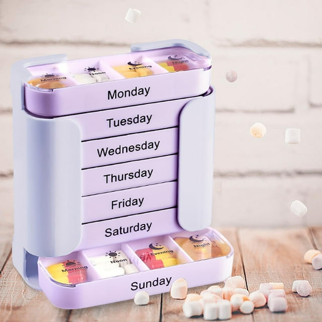 Pastillero semanal de 7 días | Caja de almacenamiento de grado alimenticio con 28 compartimentos | Estuche semanal para medicamentos | Contenedor de suplementos diarios para viajes y hogar |