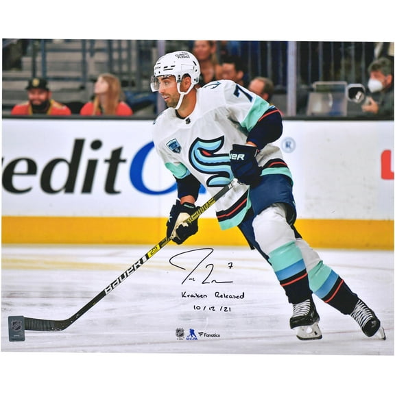 Jordan Eberle Seattle Kraken Autographed 16" x 20" First Game vs. Las Vegas Golden Knights Photograph with "Kraken Released 10/12/21" Inscription - Fanatics Authentic Certified