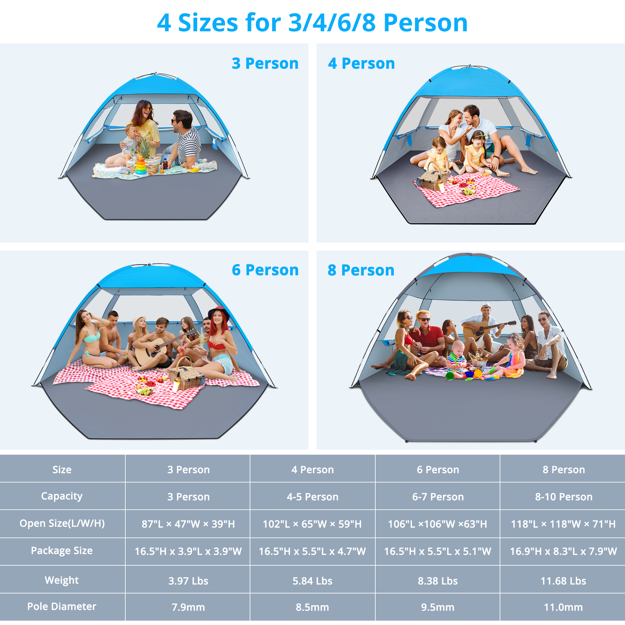Gorich Beach Tent for 3/4/6/8 Person, UPF 50+ UV Protection, Portable Sun Shelter, Easy Setup Sun Shade Beach Canopy with Carry Bag