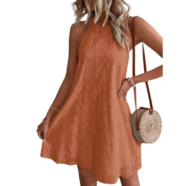 Fashnice Robe Mini pour Femmes Col Halter Robes Courtes Sans Manches Robe d'Été de Plage Décontractée Voyage Orange TG