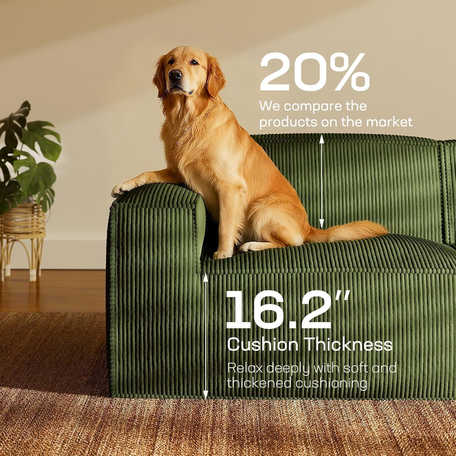 CHITOOMA Modular Sectional Couch, 111" Corduroy Cloud Couches with Deep Seats and High-Back Design, 3-Seater Sofa for Living Room, No Assembly Required, Green