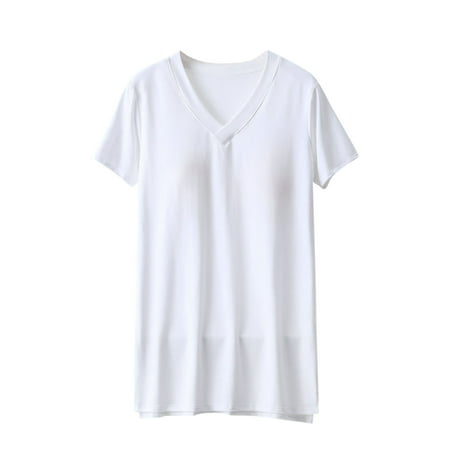 MIUOWANP Women s T-Shirts Loose Fit V-Neck Shirt Solid Color with Built In Bra Cups  Lightweight Loungewear Size XL(10)White