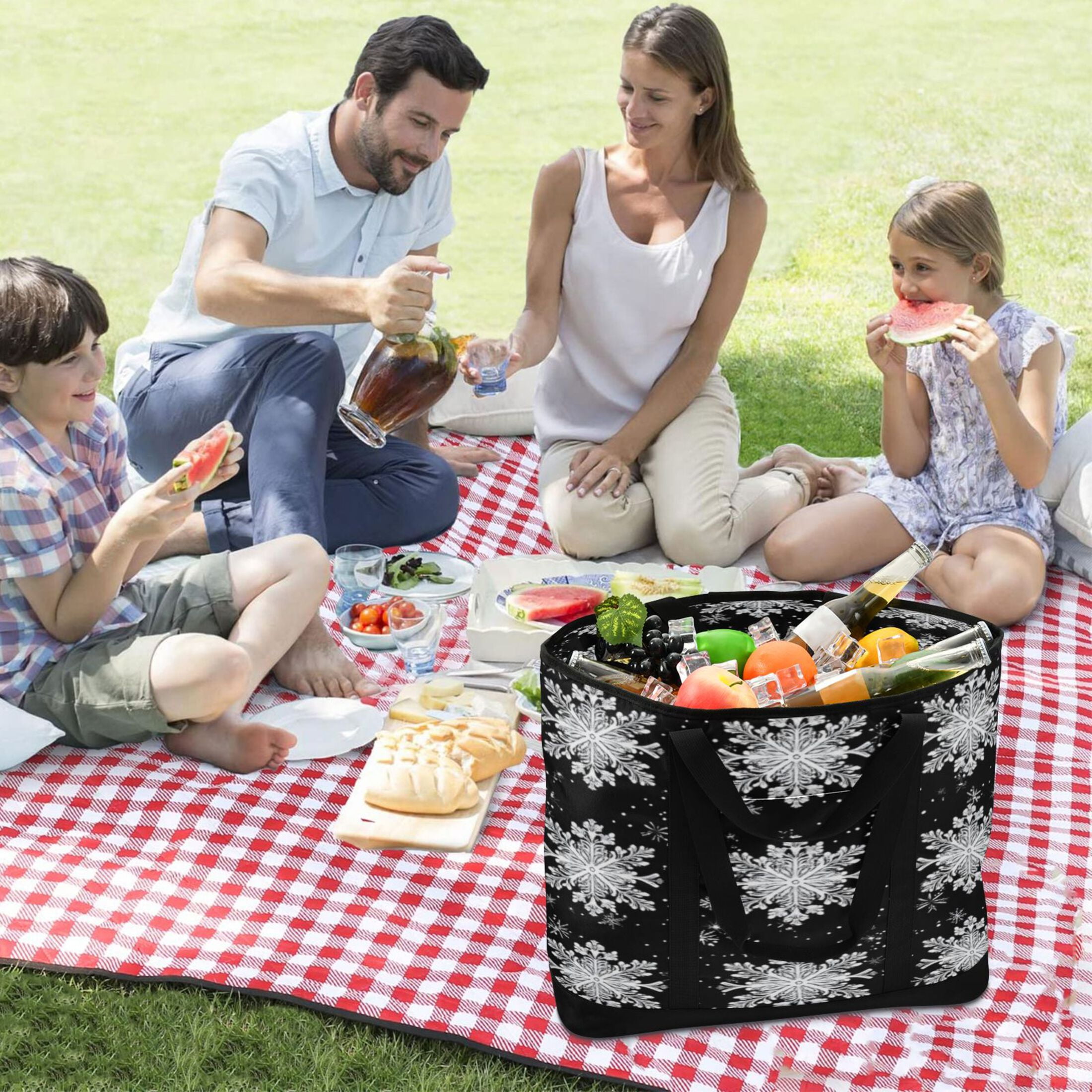 Large Hand-held Ice Pack Picnic Bag Insulation and Refrigeration Suitable for Shopping Picnics and Camping Winter Black Snowflakes