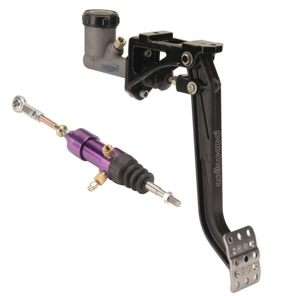 Speedway Motors Swing Mount Hydraulic Clutch Pedal Kit: 7:1 Ratio I-Beam Arm, 7/8" Pull Type Slave Cylinder, 3/4" Master Bore, Adjustable Waffled Pedal, 5/16" Heim Rod End, Aluminum Frame