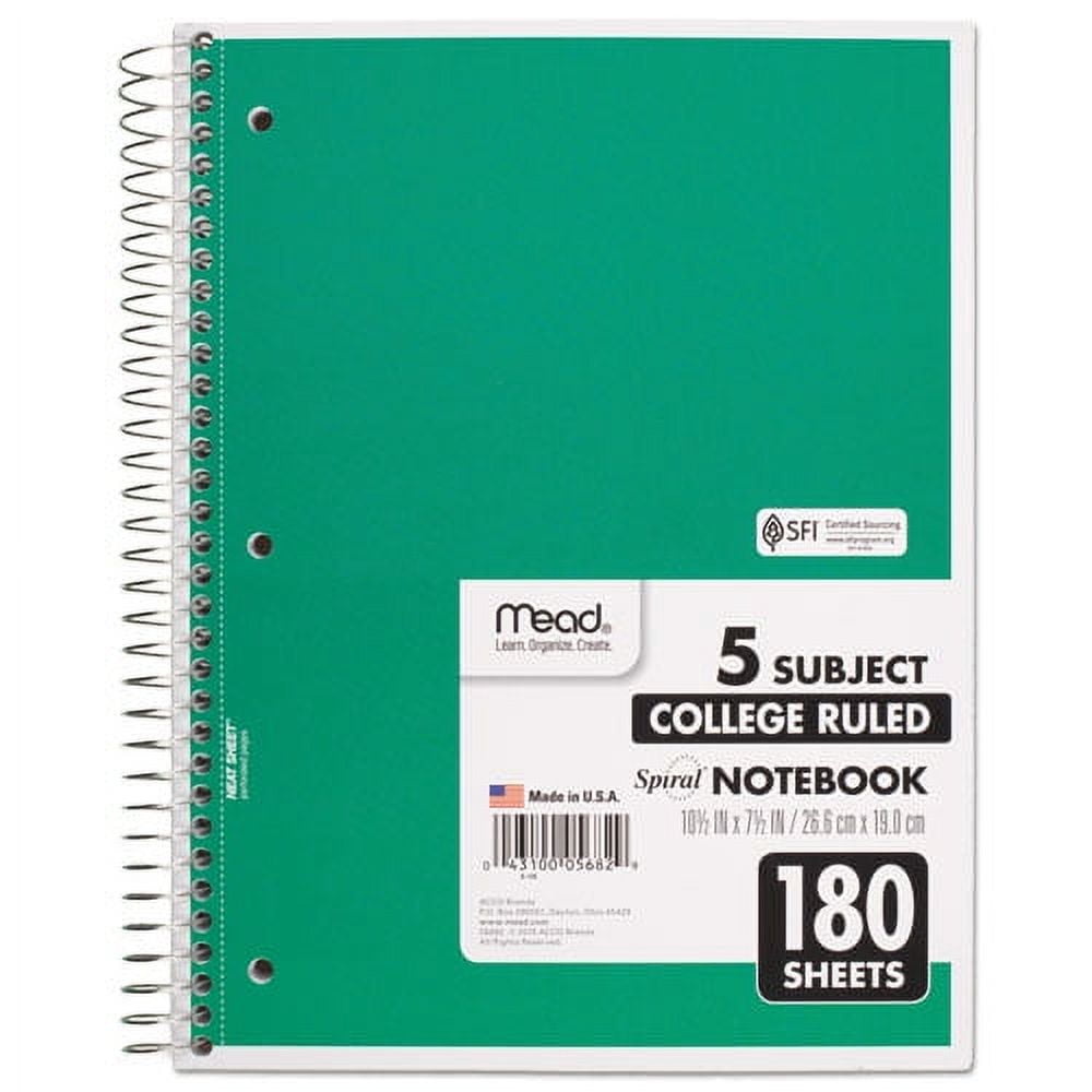 "Spiral Notebook, 5 Subject, Medium/college Rule, Randomly Assorted Covers, 10.5 X 8, 180 Sheets | Bundle of 5 Each"