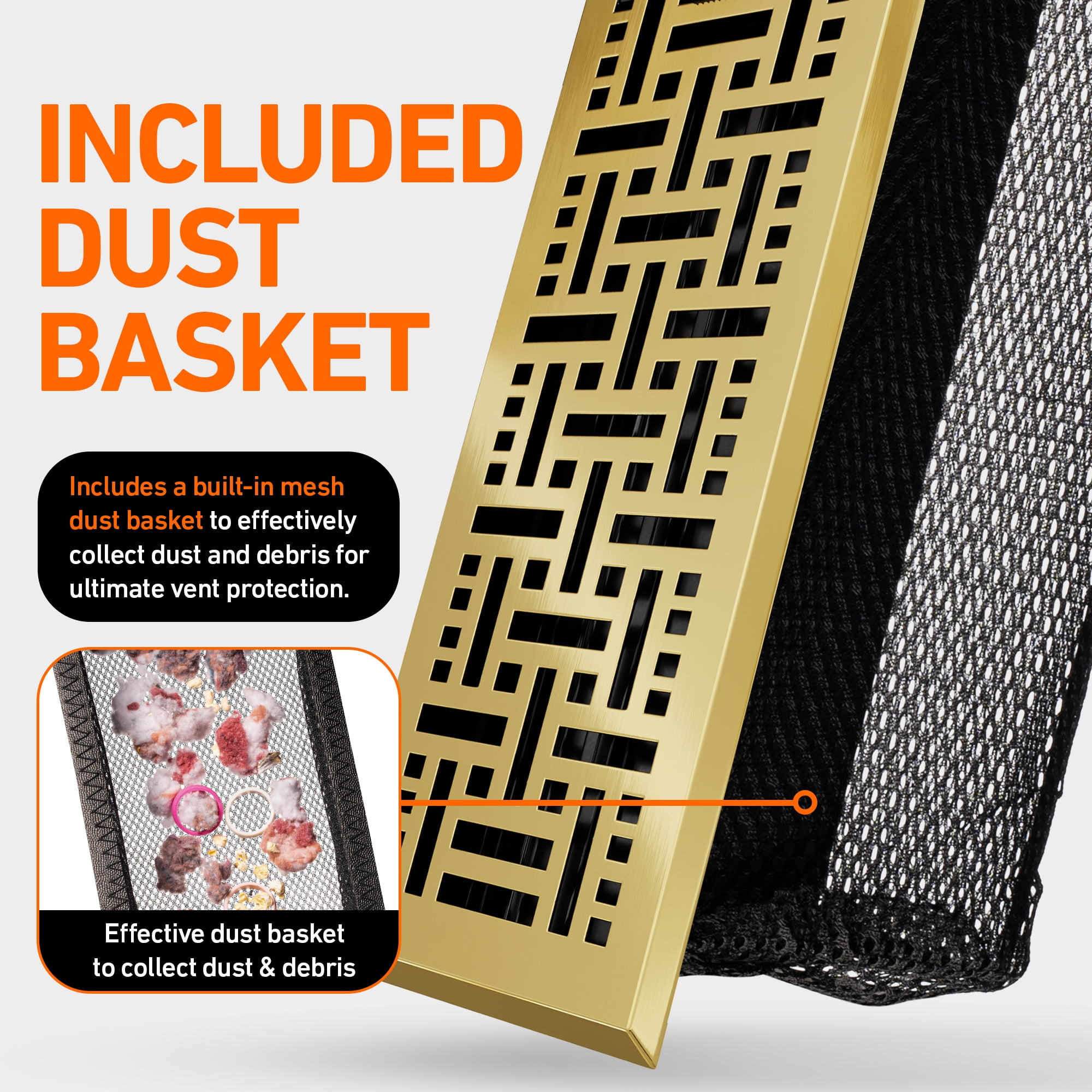 4x12 Floor Vent Covers Floor Register with Mesh Cover Trap, Heat and Air, Walkable Metal Floor Register for HVAC Duct, Basketweave, Polished Brass