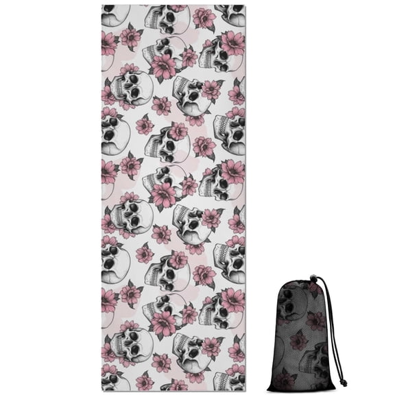 White Floral Skull Pattern Hot Yoga Mat Towel Non Slip for Hot Yoga - Quick-Drying Yoga Mat Cover with 4 Corner Pockets with Travel Bag - Hot Yoga Towel Non Slip Grip Moisture Wicking Sweat 70"x26"