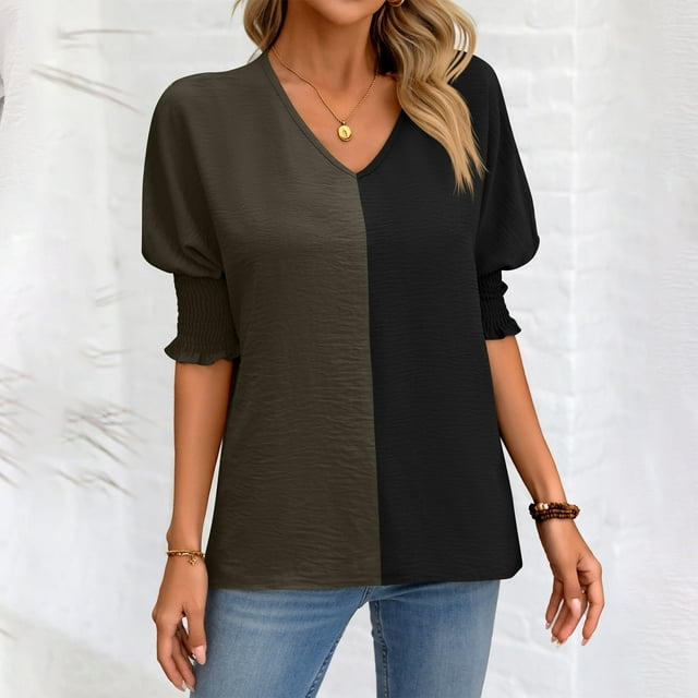 Fiudx Ofertas Flash Artículos En Oferta Top de Bloques de Color con Cuello En V, Informal, Suelto, con Mangas Anudadas para Mujer