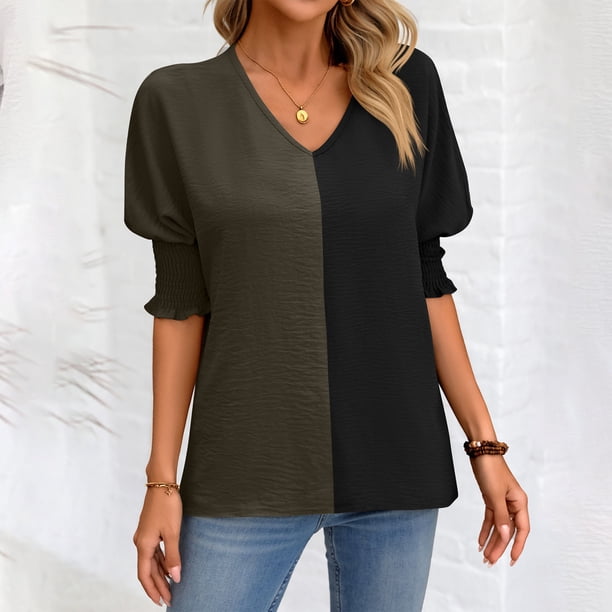 Fiudx Liquidación de Ofertas Flash Top de Bloques de Color con Cuello En V, Informal, Suelto, con Mangas Anudadas para Mujer