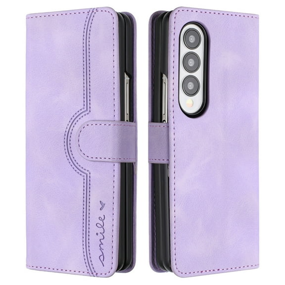 Wallet Case for Samsung Z Fold 3, Smile Design Premium Leather Credit Card Holder Wallet RFID Blocking Case with Wrist Strap Stand Magnetic Flip Cover for Samsung Galaxy Z Fold 3, Purple