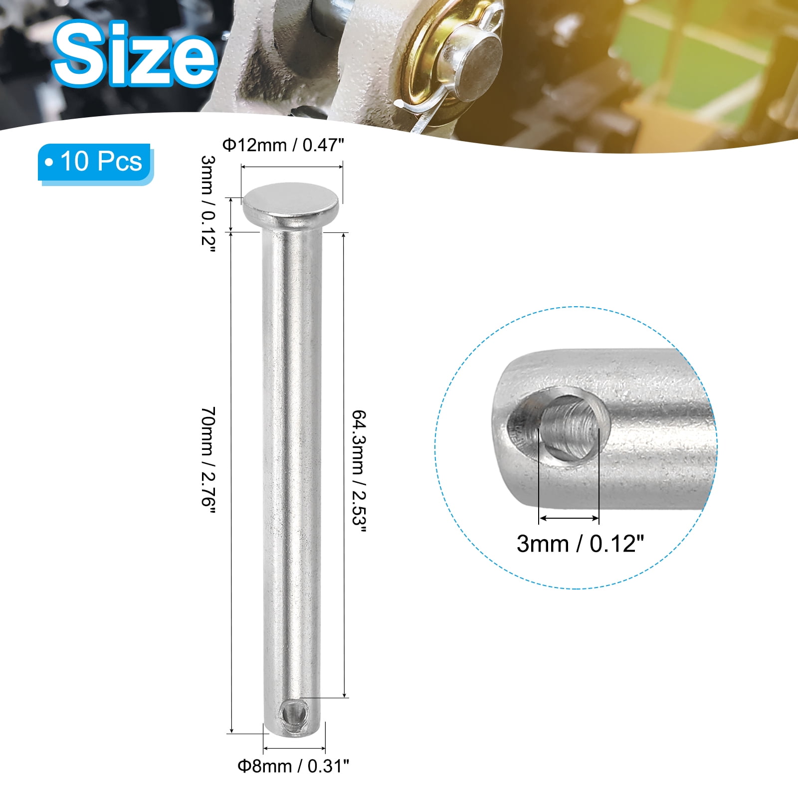 Uxcell Single Hole Clevis Pins 304 Stainless Steel Flat Head Pin for Hitch Pin Lock Link Hinge Systems 10 8 x 75 x 67 mm