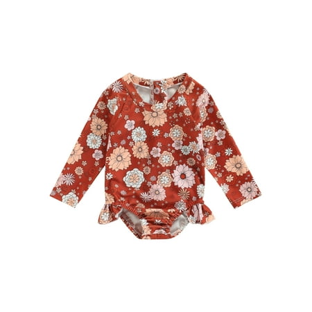 

Lamuusaa Summer Kids Infant Girls Swimsuit Floral Print Long Sleeve Ruffle Swimwear Bodysuit Clothes