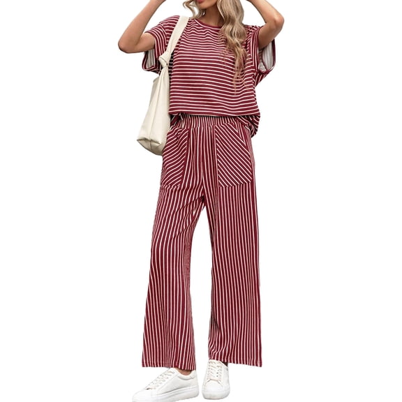 Women Short Sleeve Casual 2 Piece Sets Stripe Print Shirt Tops and Wide Leg Pants Lounge Sets