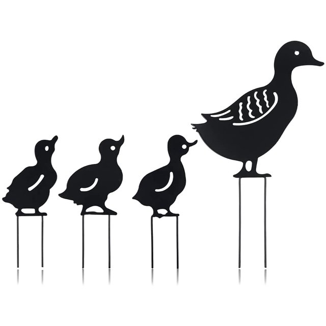 Paquete de 4 estacas de jardín con silueta de animal, adornos de jardín huecos, estatuas de pato de metal hueco para decoración de jardín de césped (negro) JAMW Sencillez