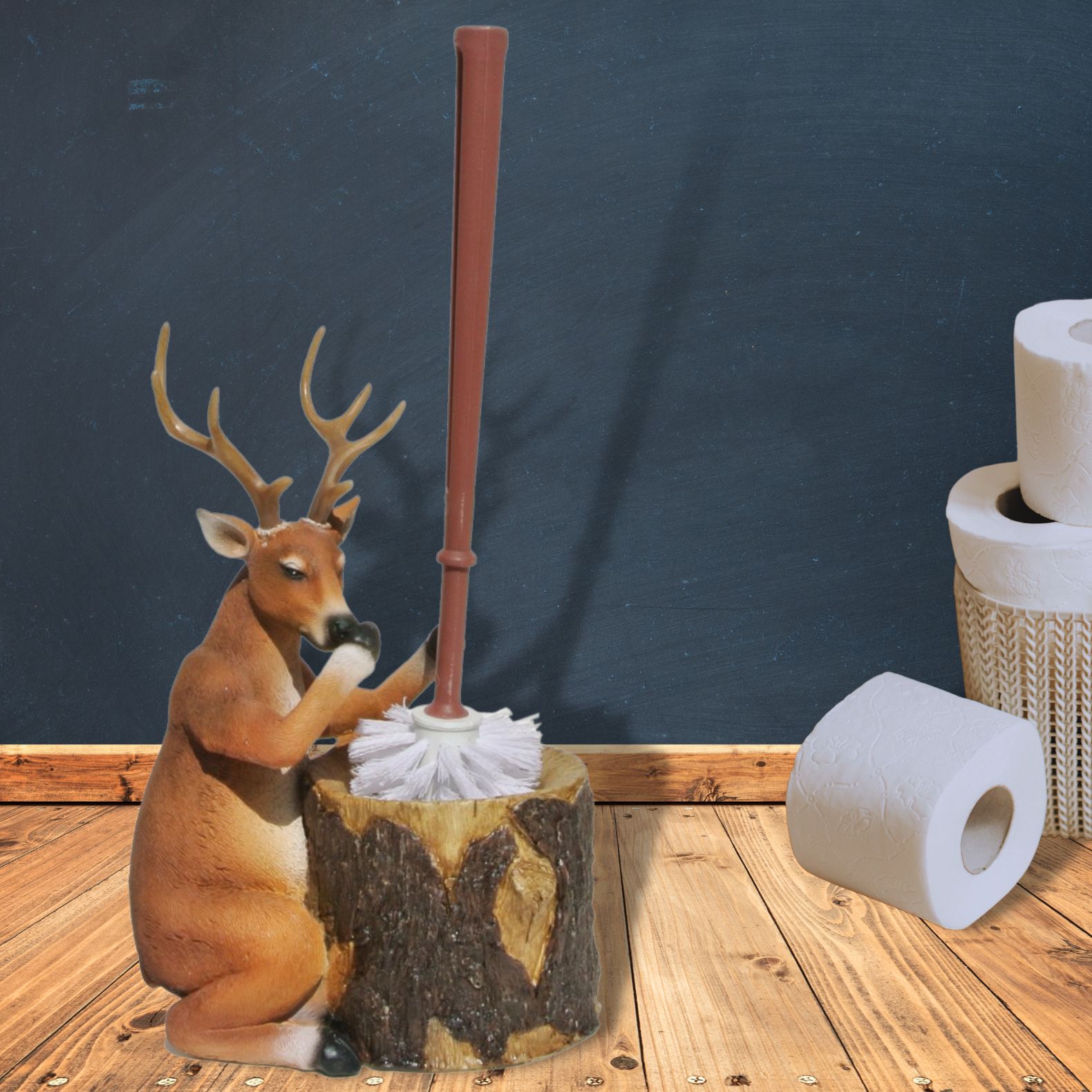 Stinky Deer Resin Toilet Brush Holder Set Rustic Lodge Cabin Bathroom Decor