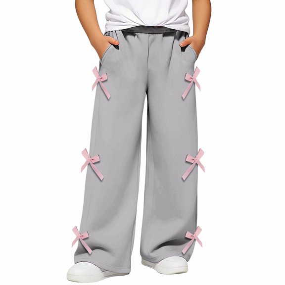 EnJoCho Girls Bow Pants Wide Leg Baggy Sweatpants Elastic Waist Cute Tween 𝖸2k Outfits Pockets Casual Fashion Trousers Loung𝖾 Comfortable Joggers Pants Kids Children 4-15T